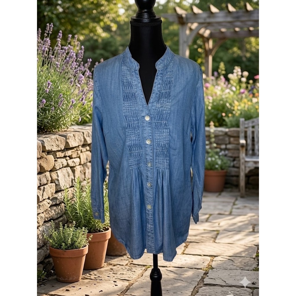 Soft Surroundings Blue‎ Lyocell Pintuck Tunic Blouse Womens Small Denim Look
